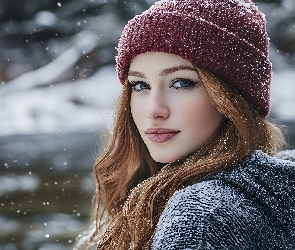 Kobieta, Śnieg, Sweter, Czapka, Długowłosa