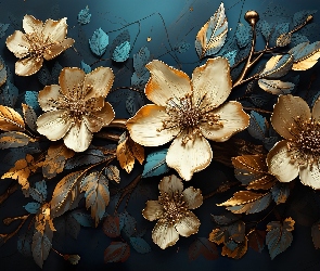 Grafika, Tło, Kwiaty, Złote, Zielone, Listki