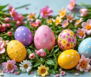 Kolorowe, Drobne, Pisanki, Kwiaty, Gałązki, Wielkanoc, Jajka