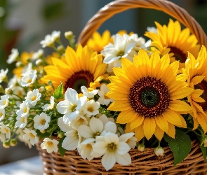 Koszyk, Bukiet, Kwiaty, Słoneczniki