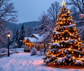 Latarnie, Drzewa, Boże Narodzenie, AI, Dom, Zima, Choinka
