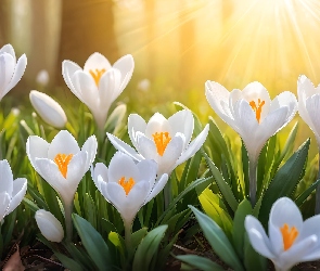 Krokusy, Grafika, Promienie słońca, Kwiaty, Białe