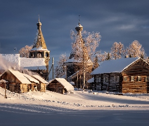 Rosja, Zima, Domy, Śnieg, Drzewa, Cerkiew, Obwód Archangielski, Miejscowość, Oszeweńsk
