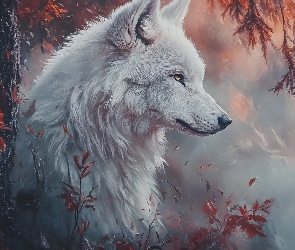 Grafika, Drzewo, Wilk, Biały, Jesień, Rośliny