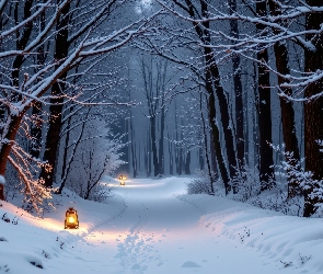 Las, Lampy, Śnieg, Drzewa, Zima