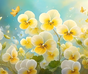 Grafika, Kwiaty, Żółte, Bratki