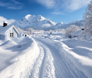 Droga, Zaśnieżona, Ośnieżone, Góry, Drzewa, Zima, Domy