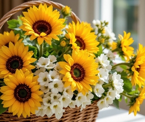 Słoneczniki, Koszyk, Kwiaty