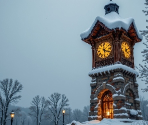 Wieża, Latarnie Budowla, Drzewa, Zegar, Zima