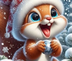 Zima, Świerkowe, Bombka, AI, Gałązki, Uśmiech, Śnieg, Wiewiórka, Czapka