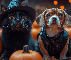 Dynie, Kapelusz, Pies, Grafika, Kot, Czarny