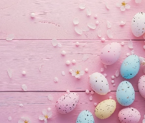 Wielkanoc, Różowe, Białe, Tło, Kwiaty, Gałązki, Kolorowe, Nakrapiane, Pisanki