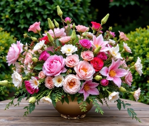 Grafika AI, Stół, Drewniany, Krzewy, Piwonie, Róże, Lilie, Bukiet, Kwiaty, Wazon