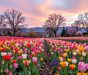 Kwiaty, Dom, Pole, Kolorowe, Góry, Tulipany, Zachód słońca, Drzewa