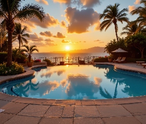 Palmy, Grafika AI, Zachód słońca, Morze, Basen