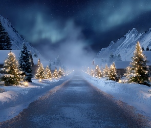 Boże Narodzenie, Mgła, Droga, Grafika AI, Góry, Zima, Choinki