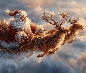 Grafika AI, Renifery, Mikołaj, Sanie