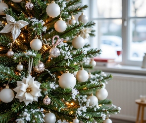 Boże Narodzenie, Okno, Białe, Grafika AI, Bombki, Choinka, Ozdoby