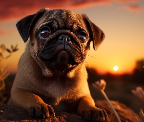 Mops, AI, Rośliny, Zachód słońca, Pies