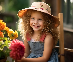 Kapelusz, Włosy, Dziewczynka, Kwiaty, Kręcone, Dziecko, Uśmiech