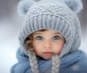 Czapka, Szara, Dziewczynka, Warkocze, Oczy, Dziecko, Duże