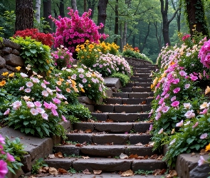Ogród, Kwiaty, Schody, Kolorowe