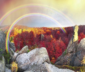 Góry, Niebo, Drzewa, Mgła, Tęcza, Jesień, Skały