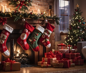 Pokój, Świece, Kominek, Boże Narodzenie, Skarpety, Okna, Choinka, Prezenty, Fotel