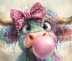 Długowłosa, Guma do żucia, Kokarda, Różowa, Krowa