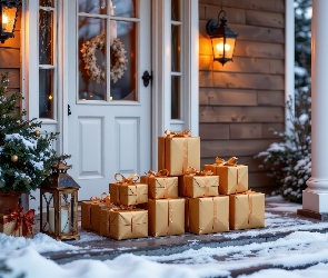 Zima, Choinka, Ośnieżone, Boże Narodzenie, Schody, Prezenty, Dom, Drzwi, Lampiony