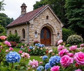 Drzewa, Hortensje, Dom, Grafika AI, Róże, Budynek, Ogród