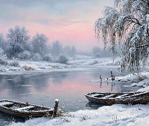 Grafika AI, Drzewa, Dwie, Zima, Łódki, Rzeka