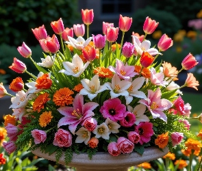 Lilie, Tulipany, Kolorowe, Kwiaty