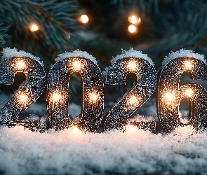 Grafika AI, Śnieg, Nowy Rok, Cyfry, 2026, Choinka