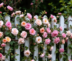 Róże, Kolorowe, Płot, Biały