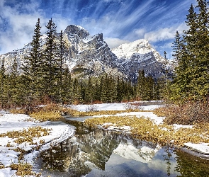 Kanada, Roztopy, Śnieg, Alberta, Canadian Rockies, Góry, Góra, Mount Kidd, Zima, Drzewa