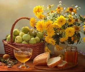 Kwiaty, Gruszki, Żółte, Koszyk, Pieczywo, Bukiet, Kompozycja, Miód