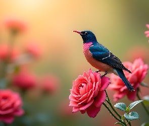 Ptak, Grafika, Kwiaty, Róże, Kolorowy