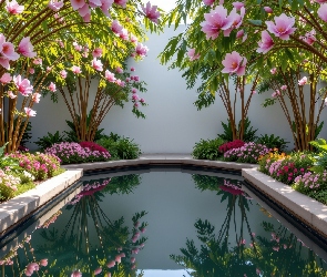 Kwiaty, Grafika, Ogród, Sadzawka, Rabaty