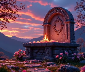 Pomnik, Drzewa, Kwiaty, Góry, Kamienie, Różowe, Tablica, Upamiętniająca, Ogień