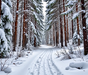 Grafika AI, Las, Ośnieżone, Zima, Drzewa, Droga