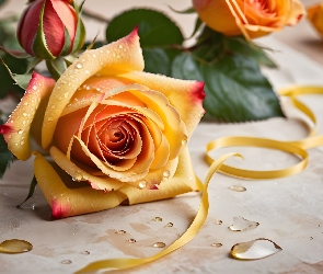 Krople, Wstążka, Róża, Grafika, Tasiemka, Kwiat, Pąk