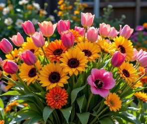 Bukiet, Słoneczniki, Kwiaty, Tulipany