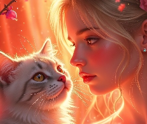 Kwiaty, Grafika, Świato, Kot, Dziewczyna