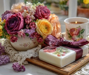 Wazon, Kompozycja, Prezent, Świeca, Kwiaty