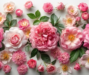 Białe, Listki, Róże, Kwiaty, Różowe
