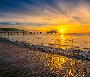 Kalifornia, Malibu, Morze, Stany Zjednoczone, Plaża, Wschód słońca, Molo