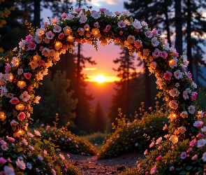 Kwiaty, Różowe, Las, Drzewa, Łuk, Zachód słońca, Kwiatowy