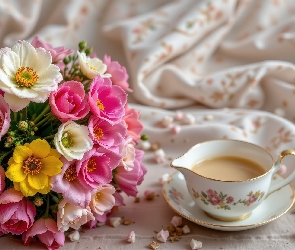 Białe, Filiżanka, Różowe, Bukiet, Płótno, Kwiaty, Dekoracja, Kawa