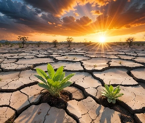 Grafika AI, Promienie słońca, Spękana, Pustynia, Ziemia, Rośliny